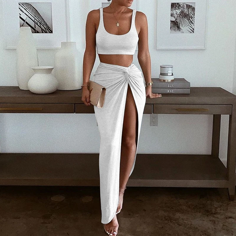 

Sexy Party 2 Piece Set Women 2021 Summer Crop Top Side Split Long Skirts Matching Sets Two Piece Outfits Holiday Beach Dress
