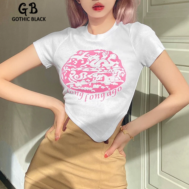 

Женский укороченный топ Gothblack, модный Асимметричный топ с круглым вырезом и коротким рукавом, повседневная трикотажная футболка в рубчик, у...