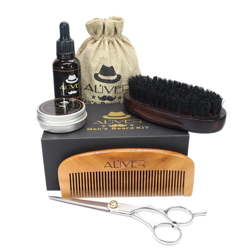 

ALIVER 5Pc Beard Styling Cream Beard Oil Kit With Shears Scissors Mustache Hair Care Tool Beard Comb Bristle Brush Grooming Set