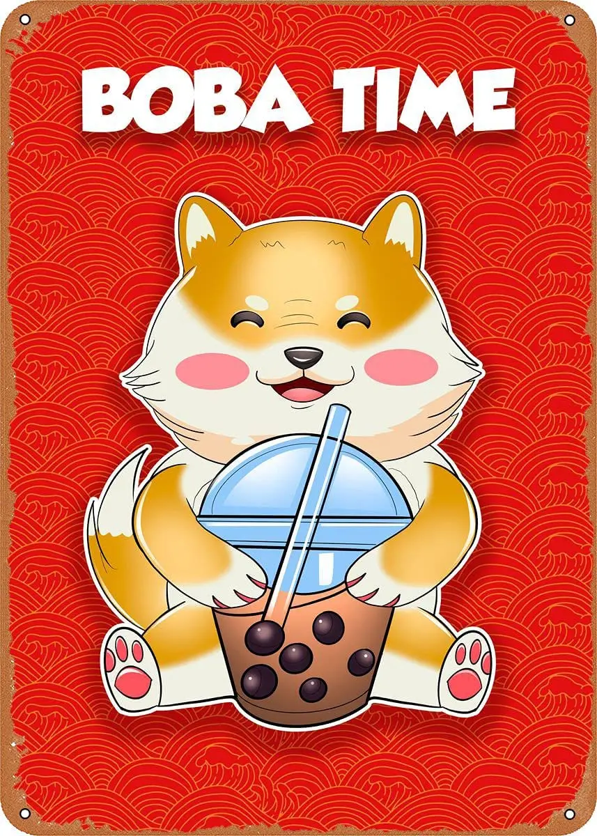 

YFSIGN Shiba Inu Boba time - Retro Metal Tin Sign Vintage Plaque Poster for Home Kitchen Bar Coffee Shop 12x8 Inch
