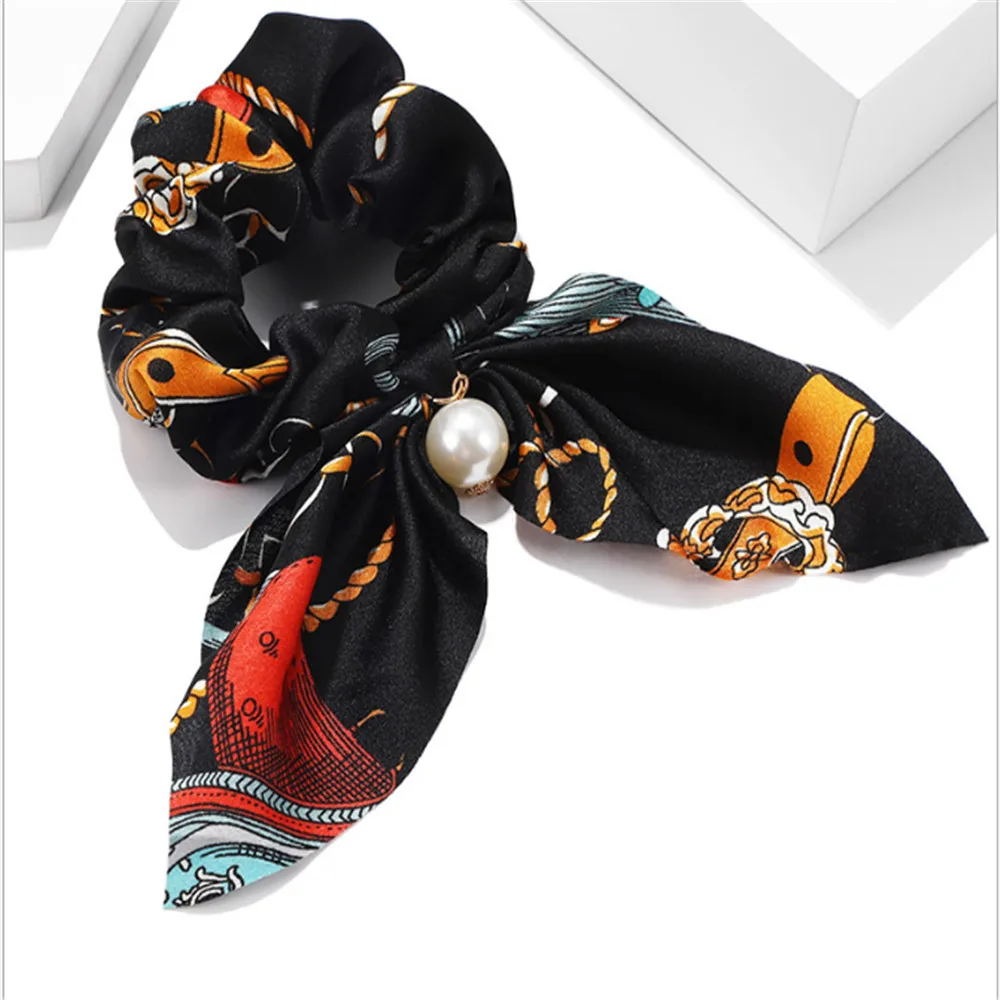 Black Orange Резинки для волос, шифоновые эластичные резинки для волос, бант, жемчуг, резинки для волос, держатель для конского хвоста, шелковые резинки для волос для женщин, аксессуары для волос - Цвет: Black Orange