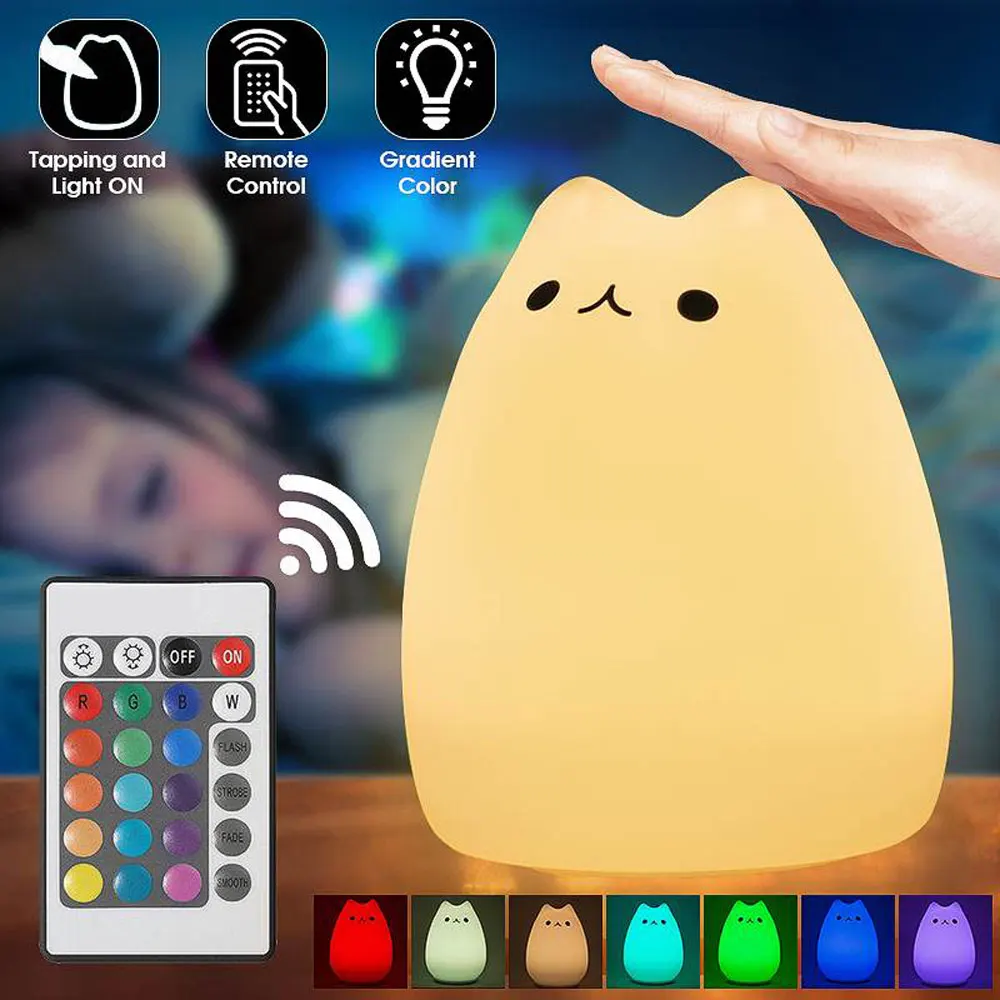 

Soft Silicone Chargeable Remote Control Cartoon Night Light Cat Shaped Pat Lamp LED Table Lamp For Kids Toy Gifts Room Decor