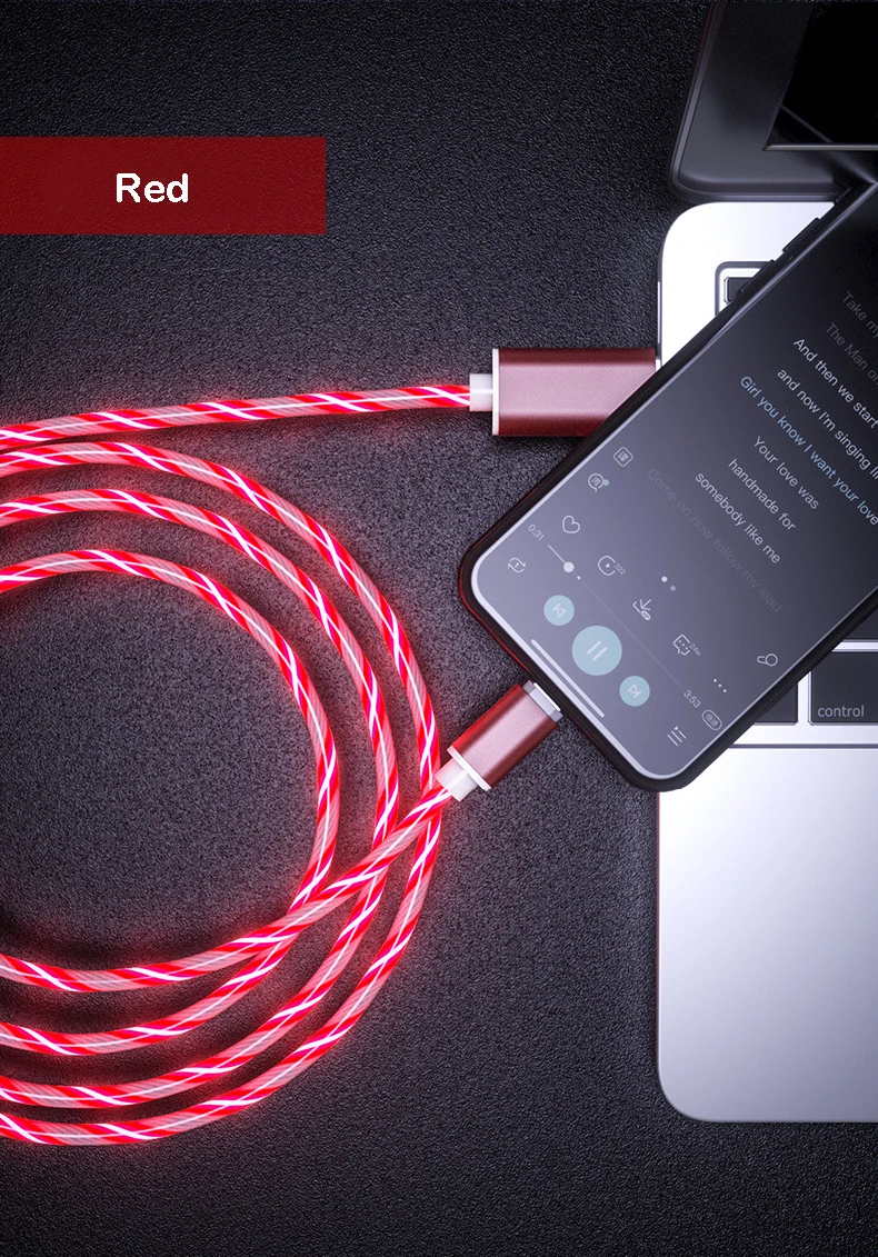 2.4A Flowing Glow USB Cable For iPhone XS Max XR X 8 7 6s Plus Type-C Micro USB Glowing Luminous Fast Charging Wire For SAMSUNG