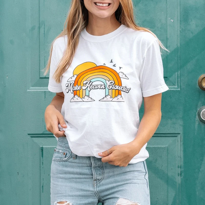 

Sun Rainbow Round Neck Women Summer Fashion Casual Short-Sleeve Printed T-Shirt Rayon Breathable Mid-Length Loose Streetwear Top