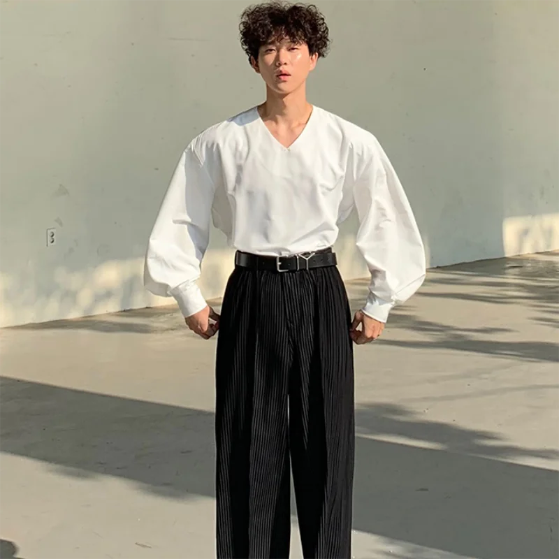 Men's shirt temperament loose large size V collar shirt Korean edition fashion bottom shirt solid color new shirt