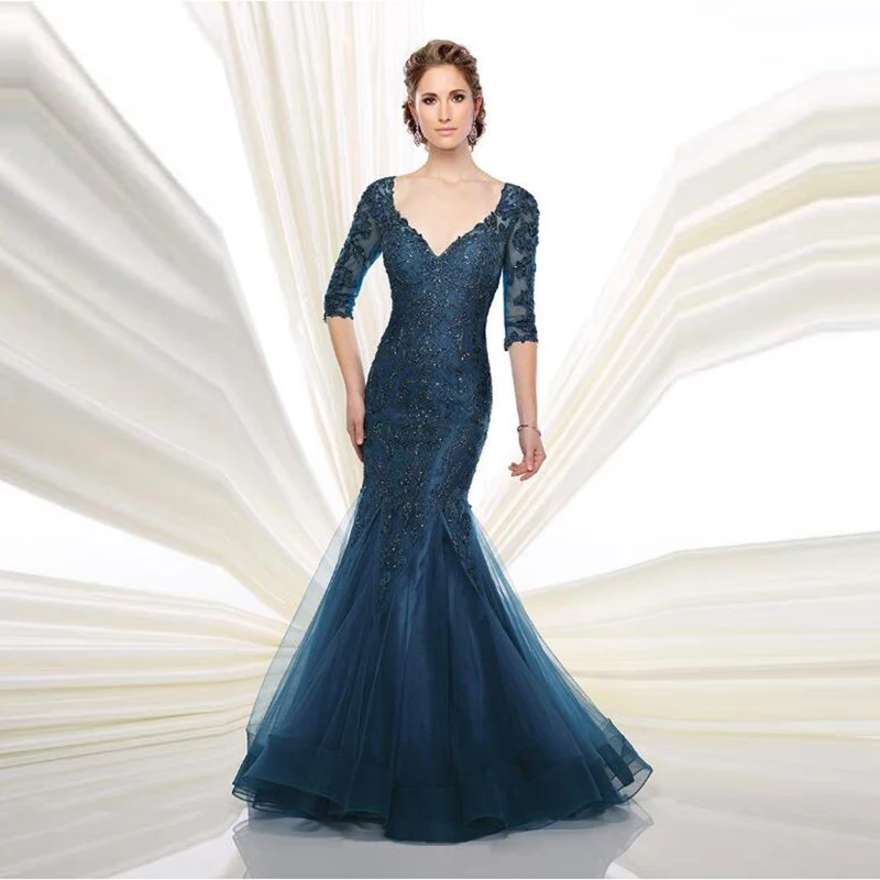

Glamorous Midnight Blue Lace Mermaid V Neckline Mother of the Bride Dresses Three Quarter Sleeve Wedding Party Gowns Beaded