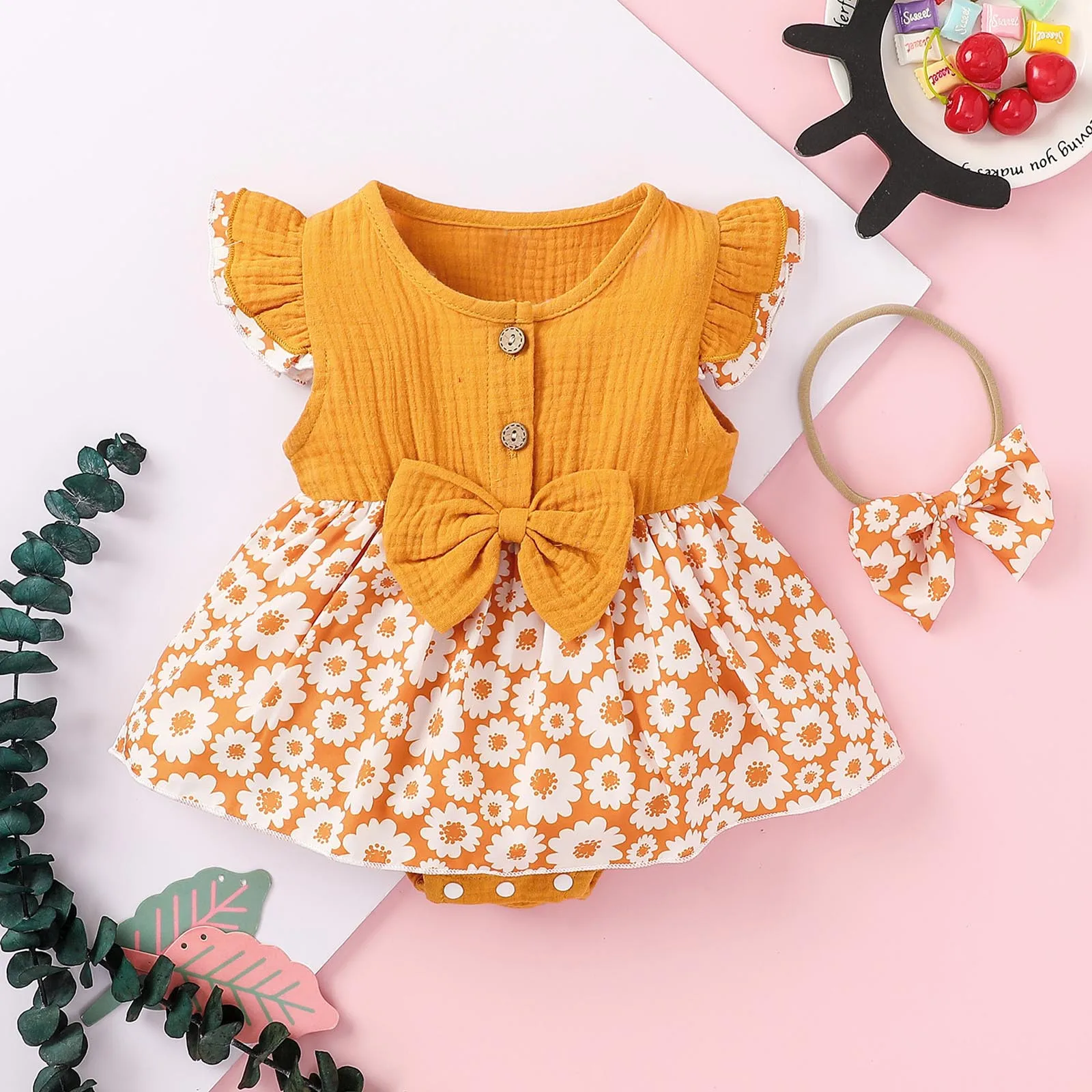 

Infant Clothing For Baby Girls Clothes Set Baby Girl Summer Short Sleeve Floral Romper Bow Headband Bodysuit Outfits