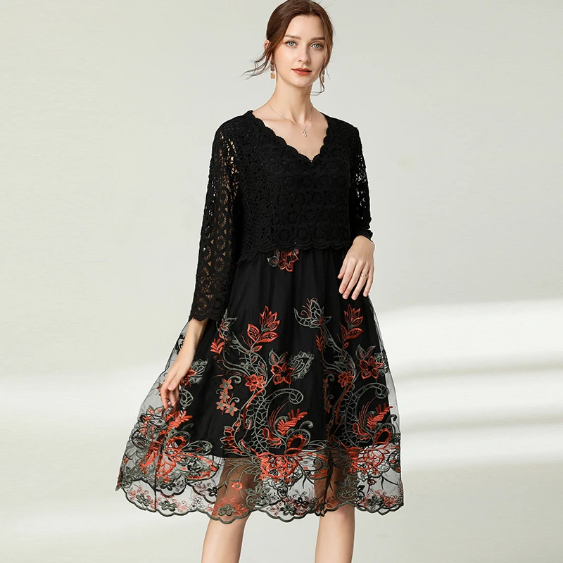 

Autumn elegant embroidery dress V neck women mesh crochet floral midi dress loose fit beautiful party occasion dress plus size4X