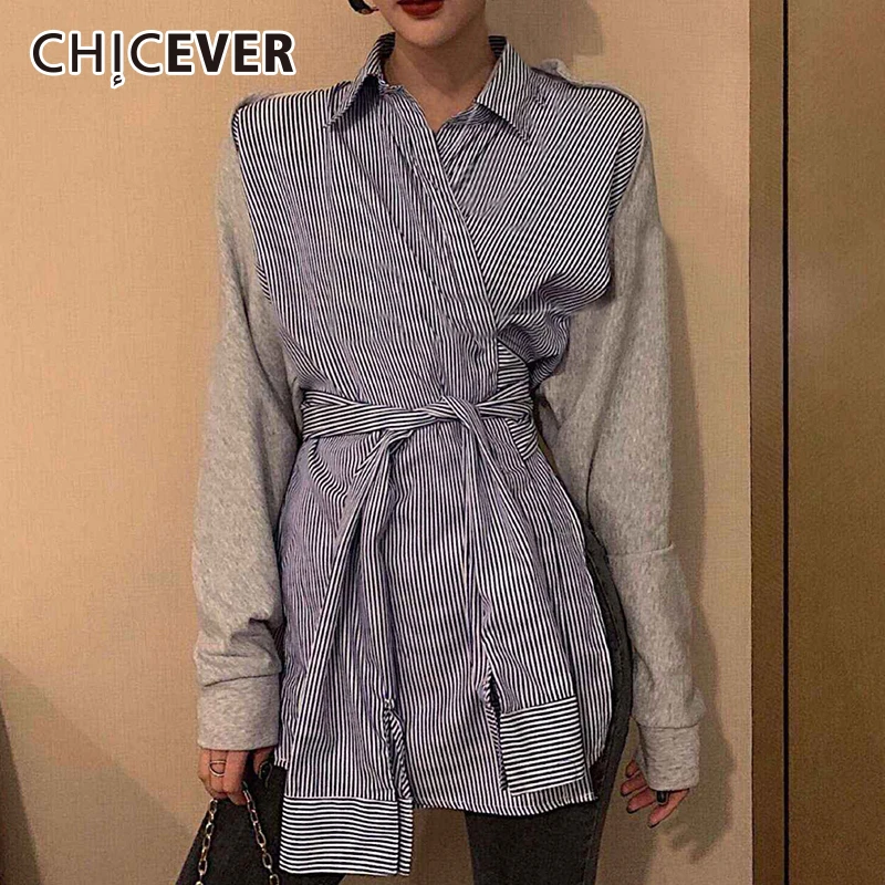 

CHICEVER Корейская полосатая популярная цветная женская рубашка, воротник с лацканами, рукав-фонарик, высокая талия, бандажная блузка, Женская ...