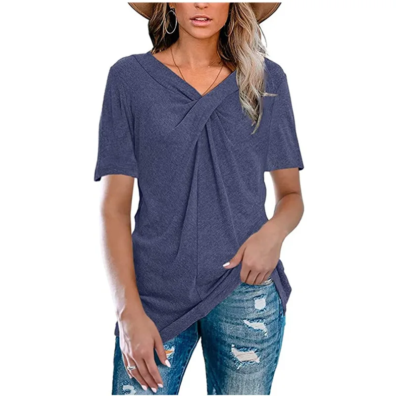 

Summer women's new style short sleeve V-neck solid color irregular cross knot loose casual fashion short-sleeve t-shirt women