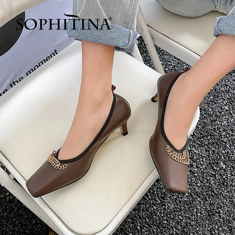 

SOPHITINA Pumps Women Thin Heels Stylish Genuine Leather Retro Square Toe Spring Autumn Chain Office Lady Slip-on Shoes FO295