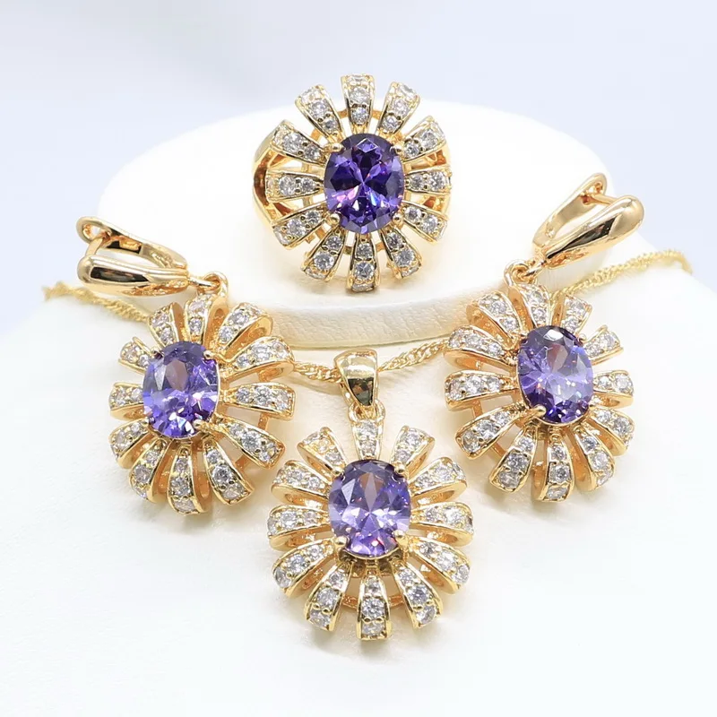 Классический роскошный золотой цвет набор украшений для женщин фиолетовое