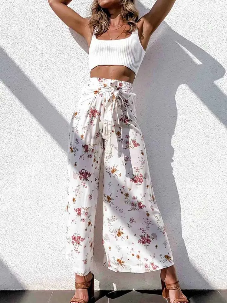 

yinlinhe White Floral Long Pants Women Summer Loose Wide Leg Pants Outfits Elastic Waist Straight Trousers lady Casual Wear 1700