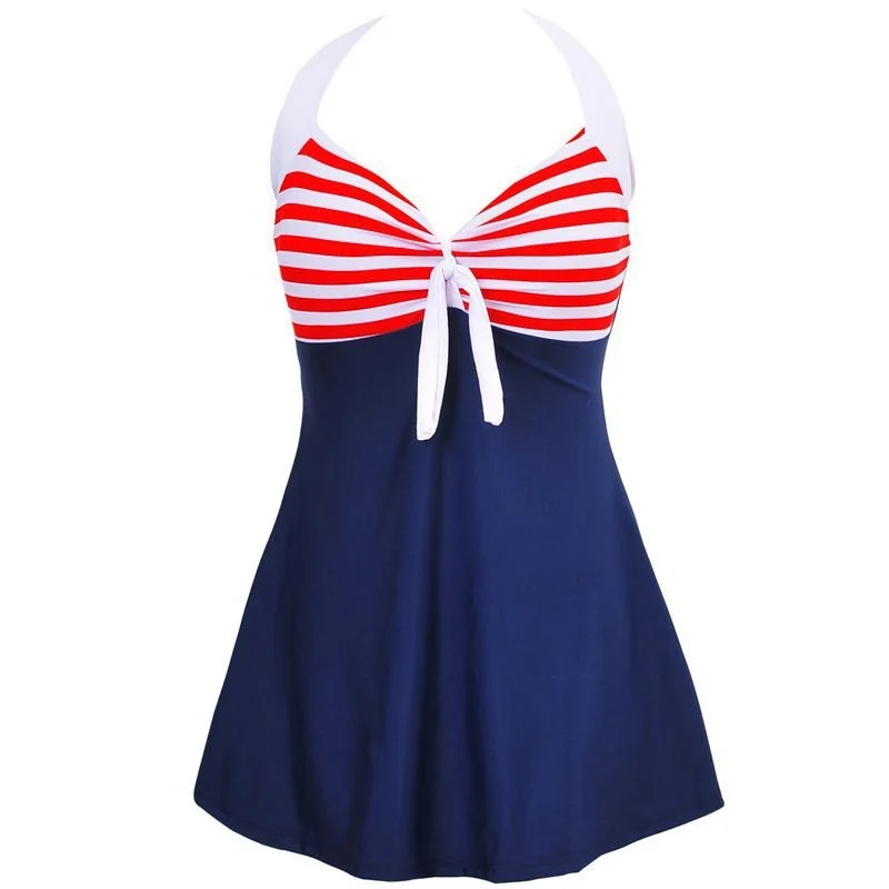 

2021 Women Dress Swimwear Bikini One Piece Swimsuit Plus size Stripe Halter Skirt Tankini Shorts Female Bath Suit 4XL Beachwear