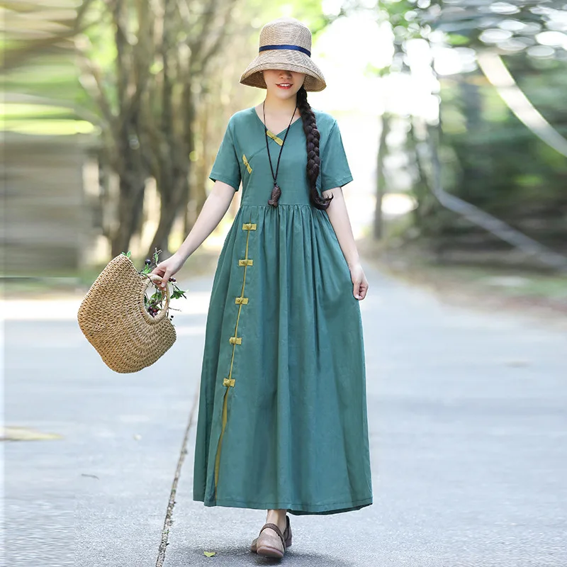 Hanfu Qipao платье традиционная китайская одежда из хлопка и льна Чонсам с v-образным
