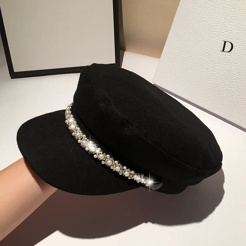 

Кепка в британском стиле с кисточками Женская кепка в стиле милитари с жемчугом тонкая кепка газетчика с плоским верхом дизайнерская роско...