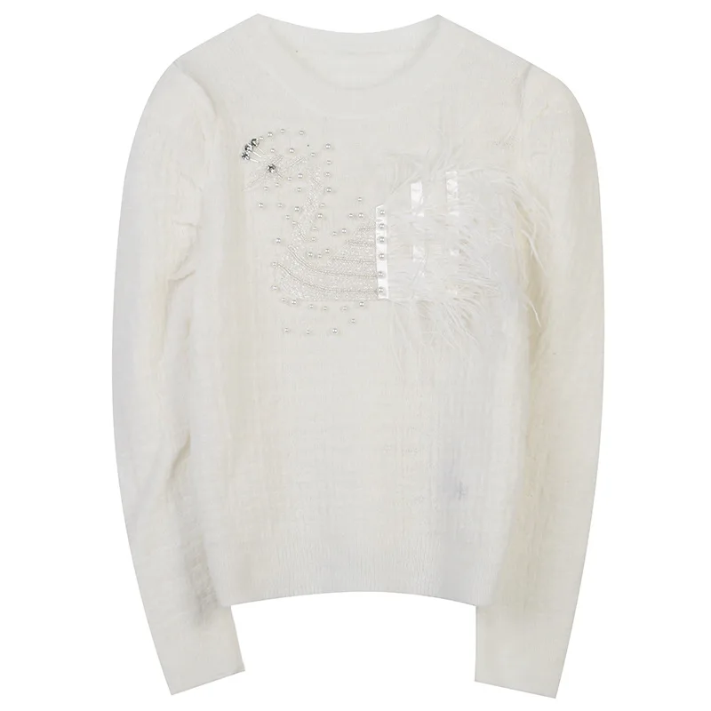 

Harajuku Sweater AUtumn Winter Duck Sequins Knitted Jumper 2021 Fashion Viscose Women White Pullover Knitwear