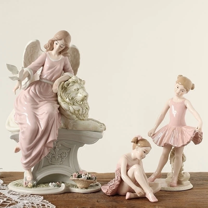 

SPAIN CERAMIC ANGELS AND LIONS ART SCULPTURE PIGEON GIRL FIGURINES CERAMICS CRAFTS HOME DECORATION ACCESSORIES LIVING ROOM R5003
