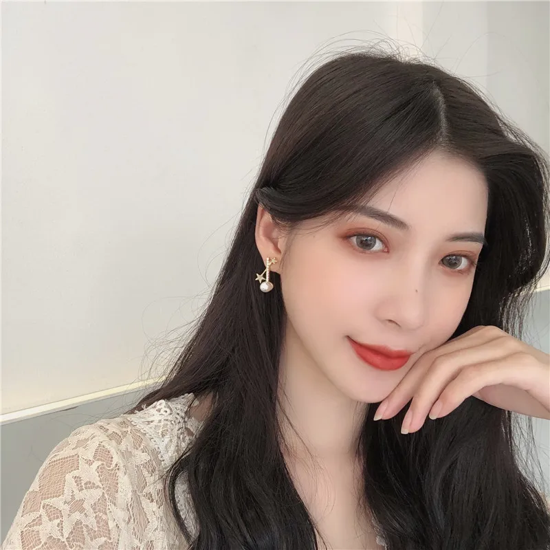 

2020New Korean Vintage Earrings For Women Cross Star Rhinestone Earrings With Pearl Hanging Dangle Cute Earrings Fashion Jewelry
