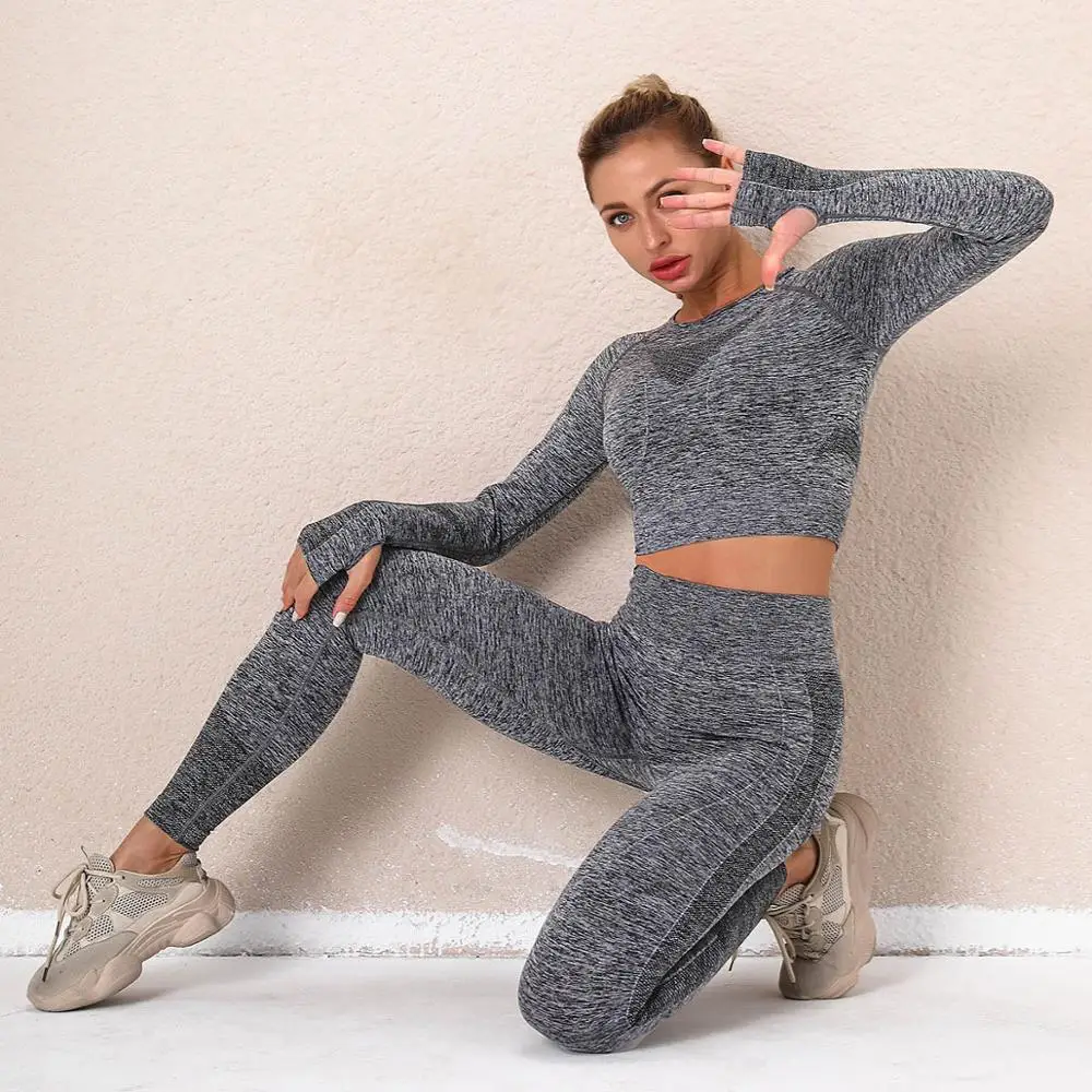 

Sports Fitness Leggings for Women Crop Top 2 Pieces Set Fashion High Waist Seamless Autumn Winter Underwear Pants Gym Clothes