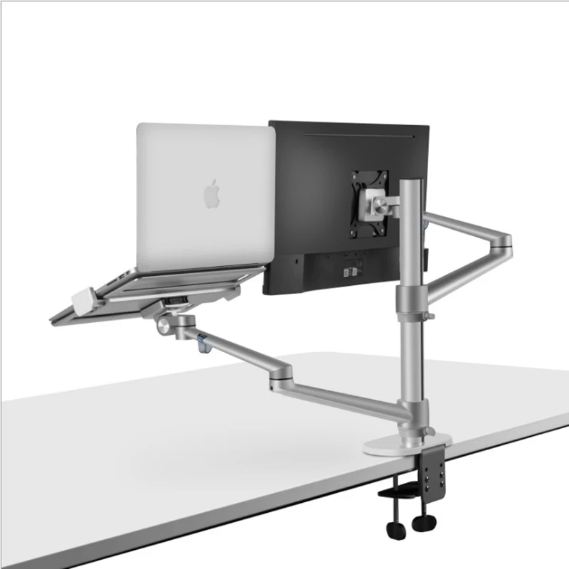 OL-3L Aluminum Height Adjustable Desktop Dual Arm 17-32 inch Monitor Holder+12-17 inch Laptop Holder Stand Full Motion Mount Arm