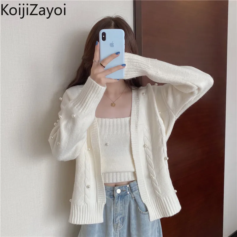 Koijizayoi Women Two Pieces Set Knitted Beading Chic Loose Lady Sweet Suit Solid Cardigan Cropped Camis Autumn Winter Outfits images - 6