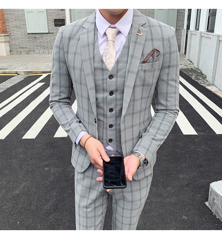 Элегантный Черный, серый цвет Клетчатый костюм «Человек Осень Slim Fit Мужские свадебные костюмы костюм 3 предмета Homme костюмы для торжественных случаев для Для мужчин Q176