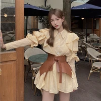women elegant bubble a line fairy dress fashion ruffled belt mini party dress female 2021 korean fall new long sleeved clothes