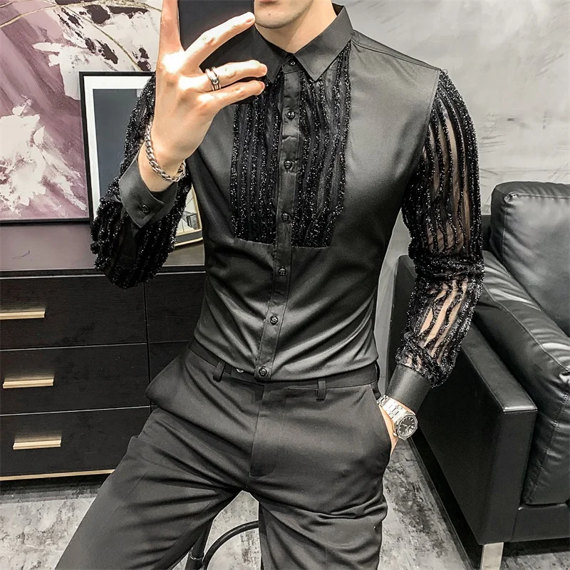 

New Men Lace Perspective Shirts Party prom Hollow Long Sleeve Tuxedo Shirt Fashion Nightclub Slim Fit Casual Social Dress Shirt