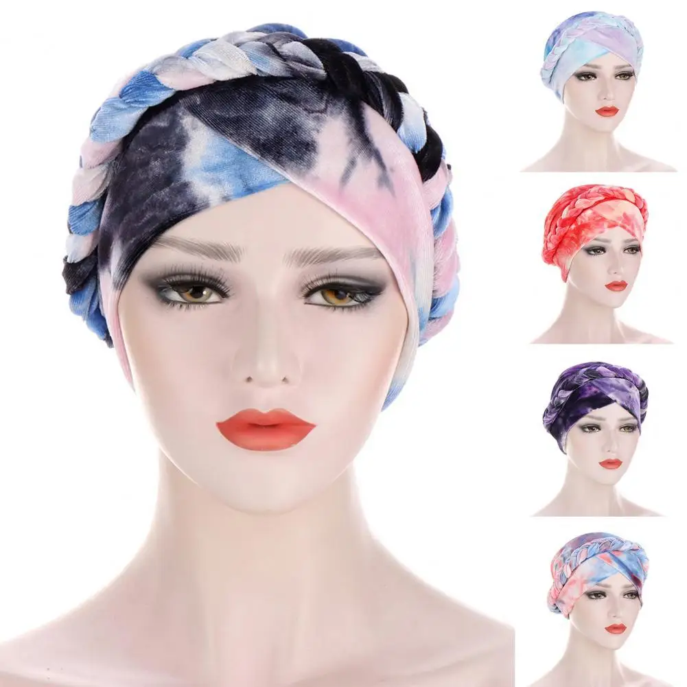 

Women Wrap Headscarf Tie-dyed Flannel Braid Stretch Foldable Beanie Cap Headscarf Headwear Muslim-Turban caps India Hat mujer