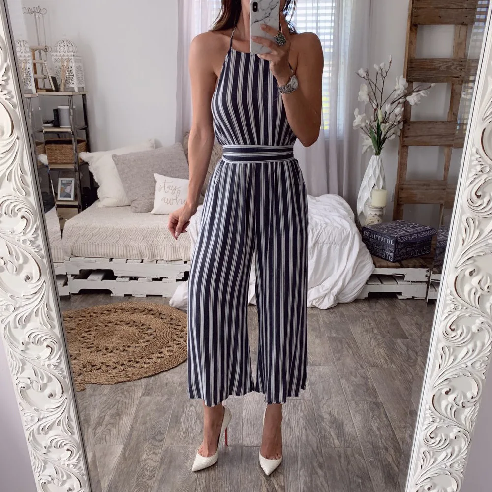 

Summer new style female European and American sleeveless hanging neck halter striped printed jumpsuit