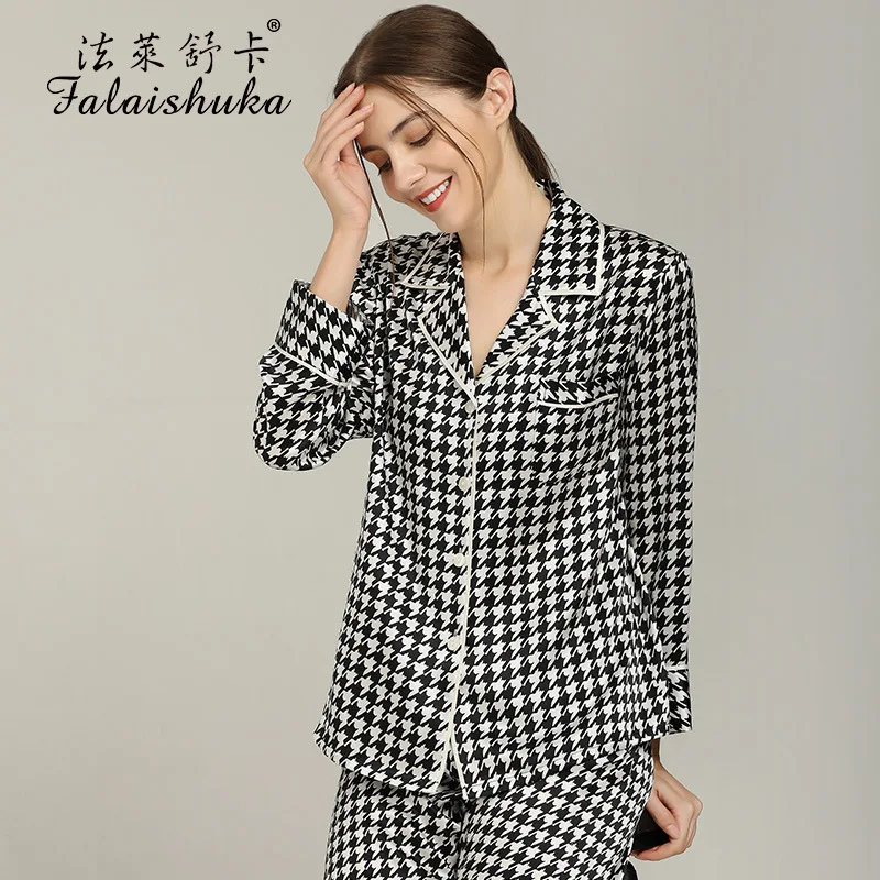 Lady 100% Silk Pajamas Sets Sleepwear 2021 Summer Spring Full length Sleeve Home Wears Two Piece Pajamas Set