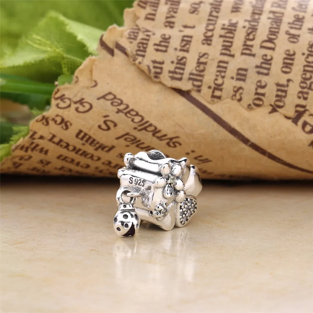 Moonmory Настоящее серебро 925 пробы Божья коровка Луг дикий цветок с прозрачными