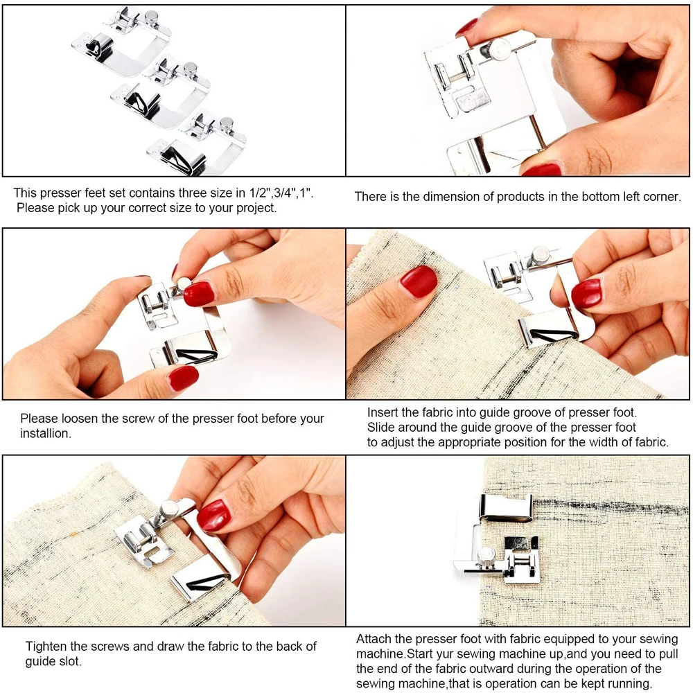 

3Sizes Rolled Hem Presser Foot 1/2 Inch 3/4 Inch 1 Inch Sewing Machine Presser Foot Hemmer Foot Set for Low Shank Sewing Machine