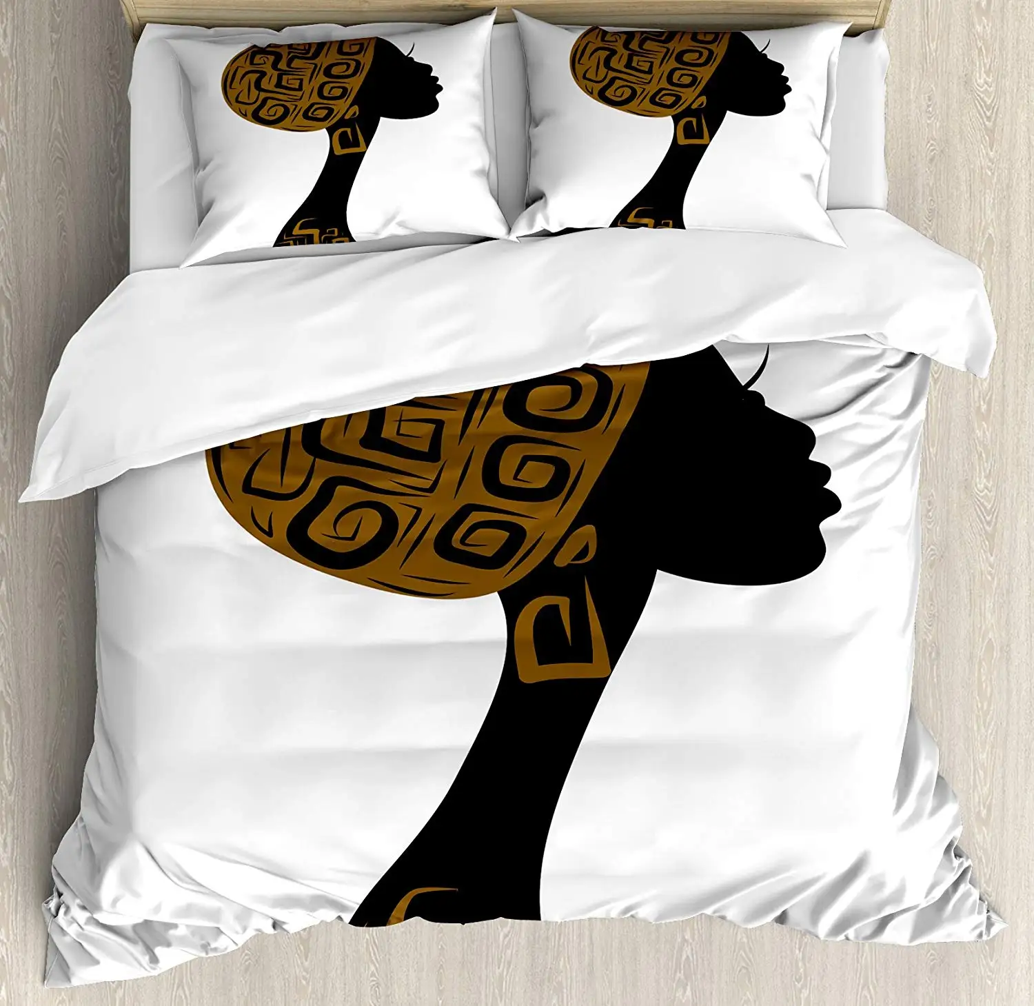African Duvet Cover Set Face Profile Silhouette Woman with Headscarf Art Folk Elements Decorative 3 Piece Bedding Set