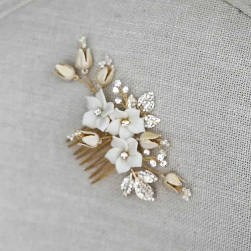 Белая эмалированная Цветочная расческа Стразы для невесты заколка волос Золотые