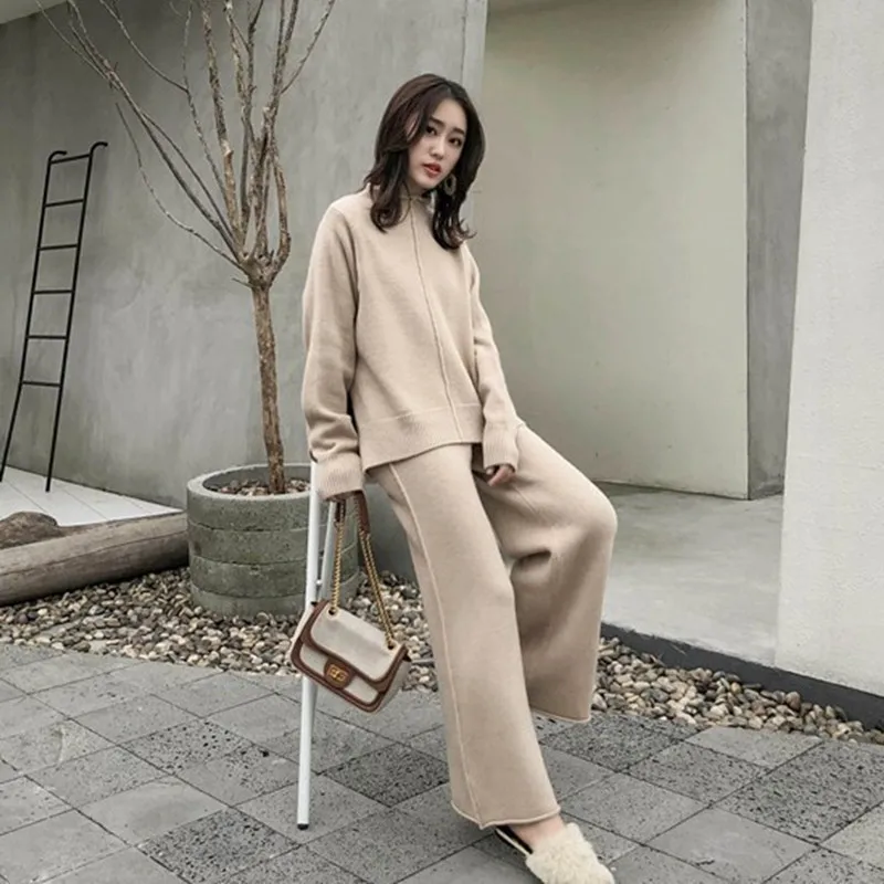 

Knitting Female Sweater Pantsuit for Women Two Piece Set Knitted Pullover V-neck Long Sleevetop Wide Leg Pants Suit