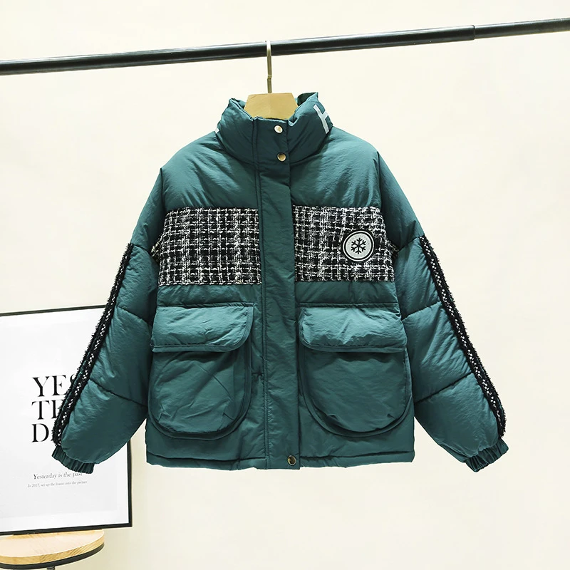 Новое зимнее пальто контрастного цвета в клетку Женское с рукавом фонариком