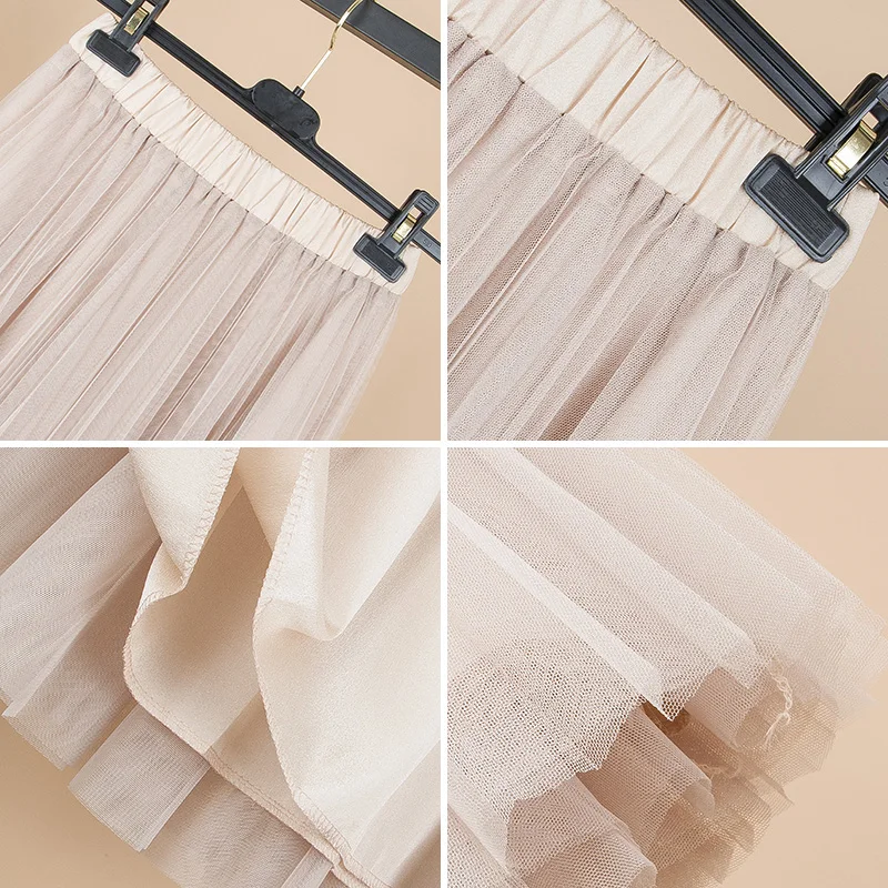 

SETWIGG High Waist Puff 3-Layer Mesh Pleated A-line Midi Skirts Sweet Vintage Elastic Waist Solid Knee Length Tulle Tutu Skirts