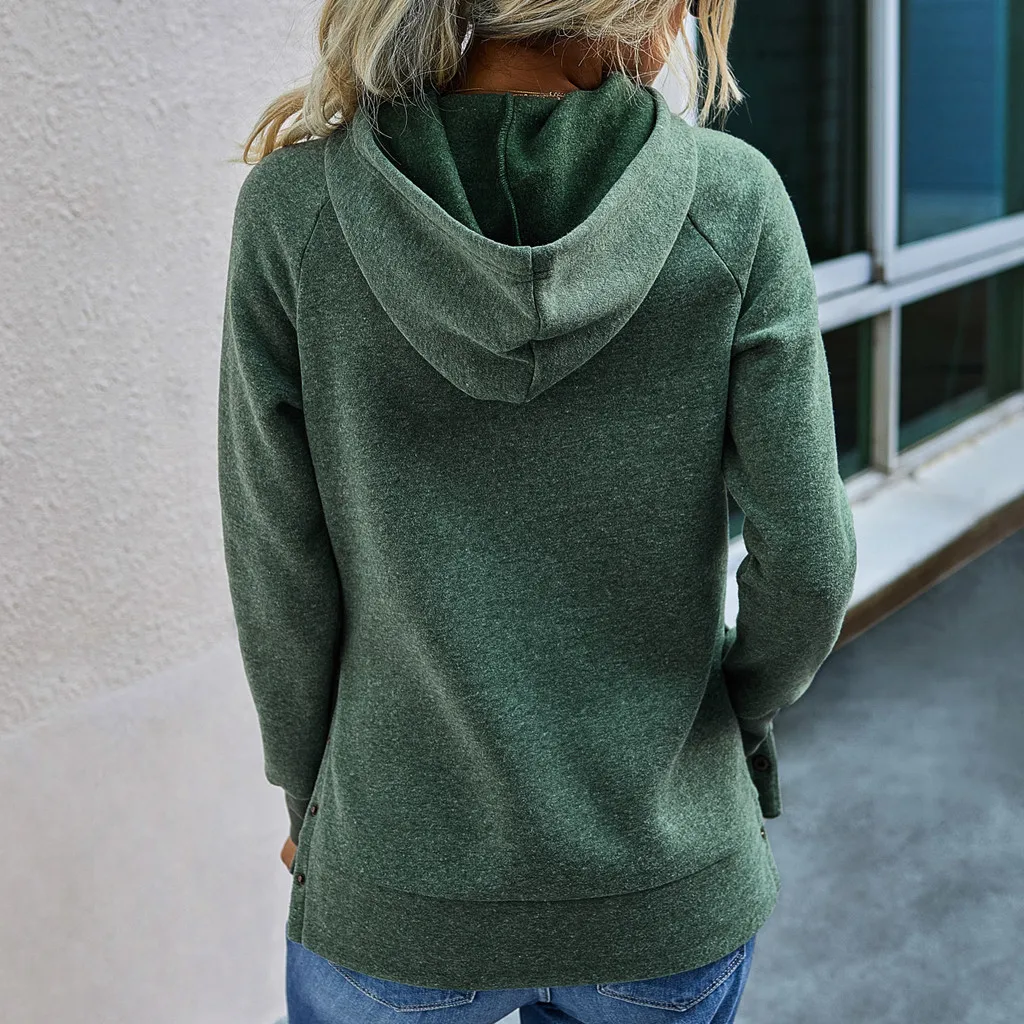 

Solid Color Hood Pocket Women Fashion O-neck Long Sleeves Sweatshirts Autumn Winter Ladies Simple Warm Clothing Tops Hoodies