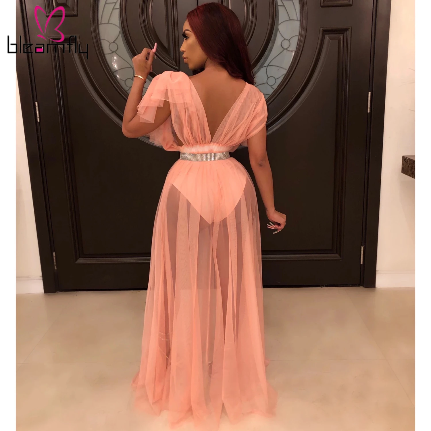 Летнее женское Сетчатое Прозрачное Платье макси с глубоким v-образным вырезом и