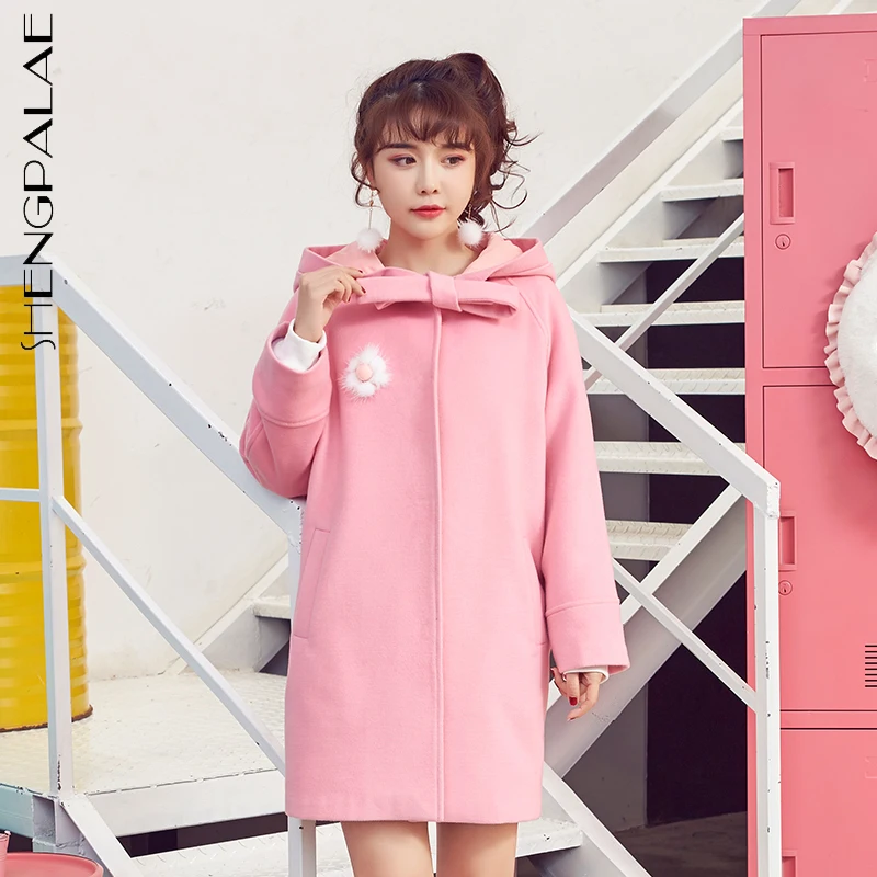 

SHENGPALAE Y2K Solid Color Woolen Coat Women Winter 2021 New Hooded Bow Loose Covered Button Long Sleeve Kawaii Overcoat Female
