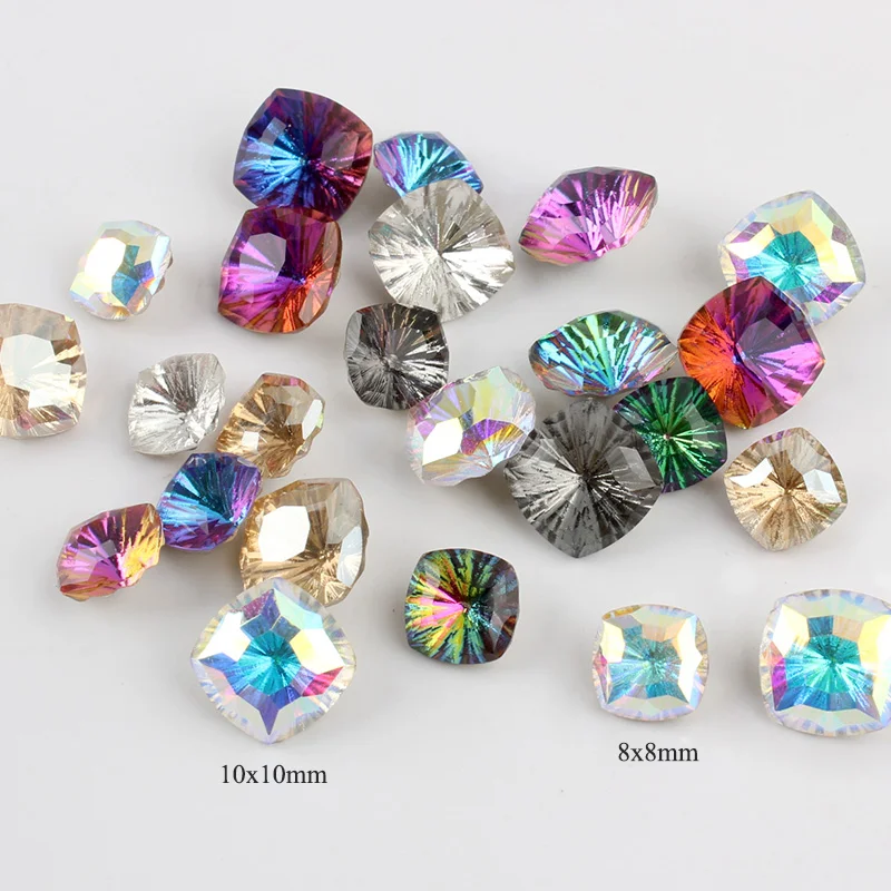 New 10MM/8MM Pointed Bottom Square Glass Mix Color Stones Strass Crystals Apply to 3D Nails Decoration Rhinestone