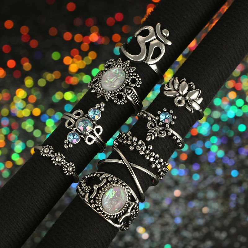 

9 Pcs Vintage Oval Opal Flower Lotus Water Drop Rings