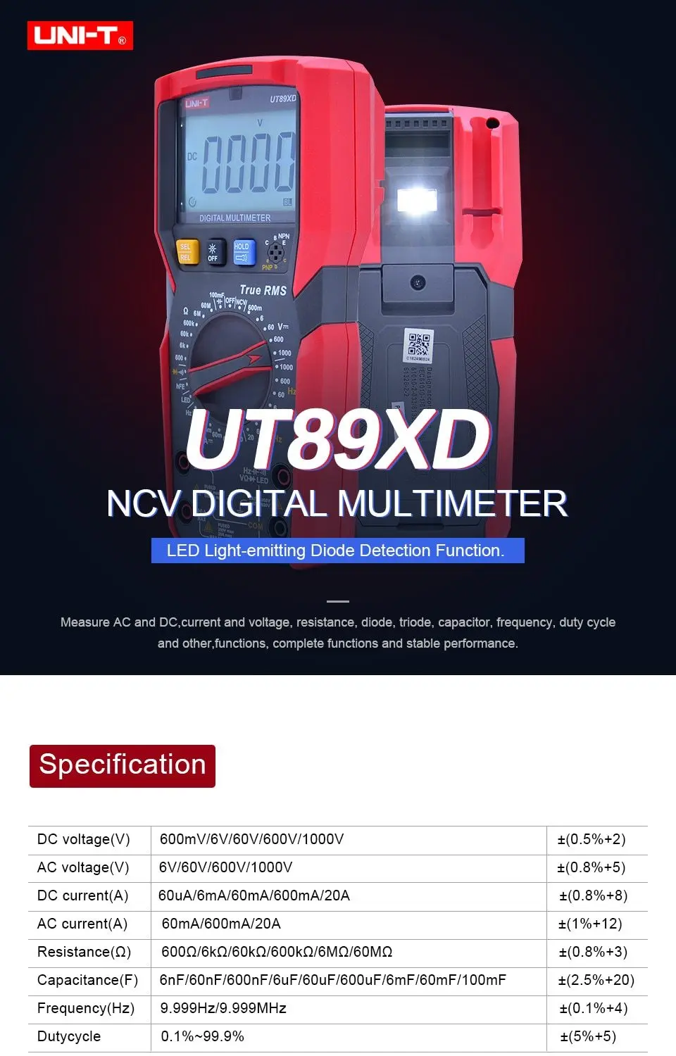 UNI-T UT89XD True RMS цифровой мультиметр; ac dc Вольт Ампер Ом метр; Емкость Сопротивление частоты светодиодный тестирование; Удержание данных/NCV