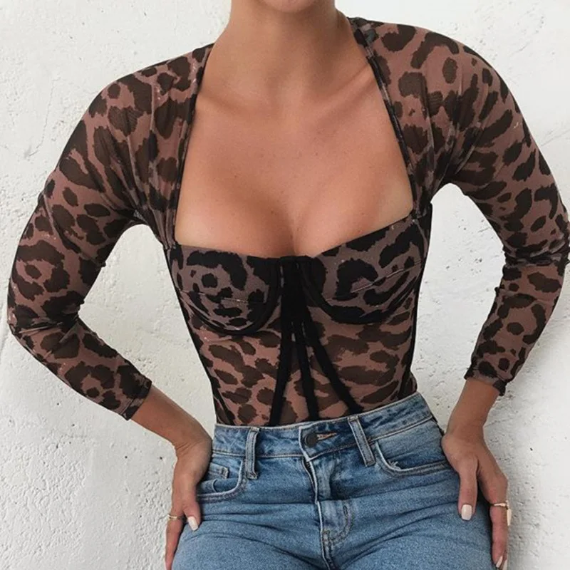 

Women's Sexy Square Neck Leopard Print Long Sleeve Mesh Sheer Bodysuit Top Push Up Cup Leotard Jumpsuit Bustier Clubwear Romper