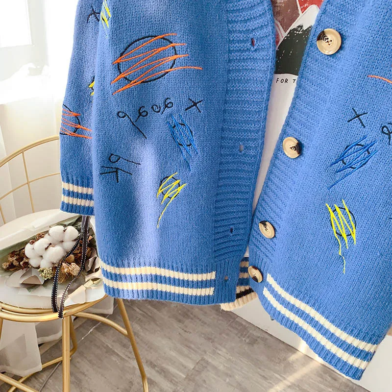 

Autumn Winter Women Cardigan Sweet Single-breasted Cartoon Japanese Style Knitted Long V-neck Women Sweater Jacket Coat