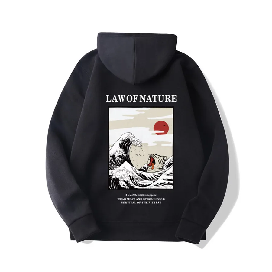 Японская флисовая толстовка с капюшоном забавным котом и волной зимний стиль хип