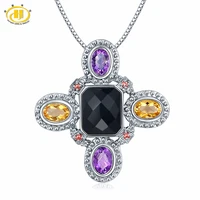hutang multi gemstone pendant natural black agate citrine garnet amethyst solid 925 sterling silver necklace fine fashion jewely