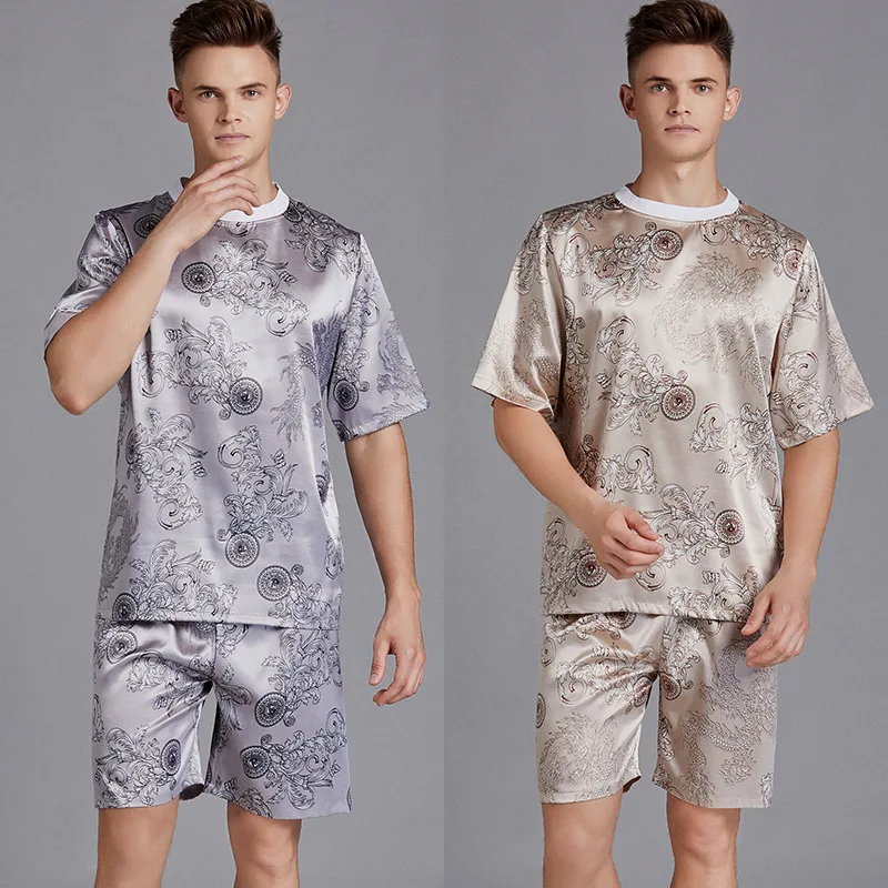 

Пижамный комплект Мужской Атласный из 2 предметов, одежда для сна с коротким рукавом и шорты, шелковая пижама, ночная рубашка, весна